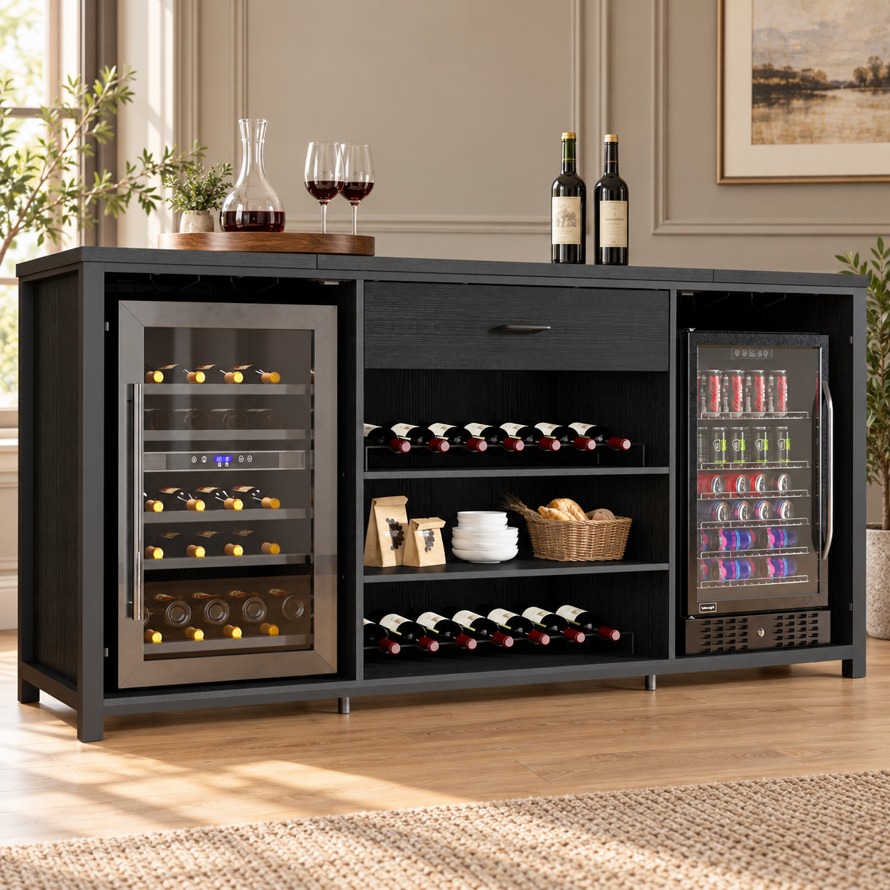 Paasyonmate 70.9" Industrial Wine Bar Cabinet with Mini Fridge Space, Wine Rack, Stemware Holders and Drawer, Fridge Not Included, Black 5