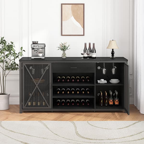 Paasyonmate 70.9" Industrial Wine Bar Cabinet with Mini Fridge Space, Wine Rack, Stemware Holders and Drawer, Fridge Not Included, Black 6