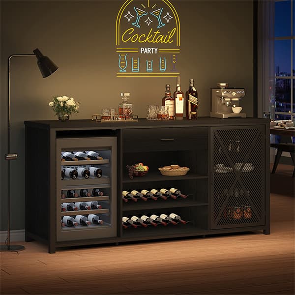 Paasyonmate 70.9" Industrial Wine Bar Cabinet with Mini Fridge Space, Wine Rack, Stemware Holders and Drawer, Fridge Not Included, Black 7