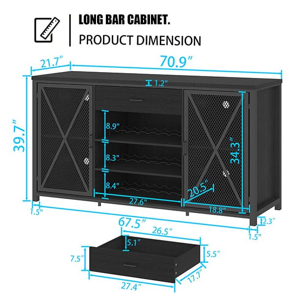 Paasyonmate 70.9" Industrial Wine Bar Cabinet with Mini Fridge Space, Wine Rack, Stemware Holders and Drawer, Fridge Not Included, Black 8