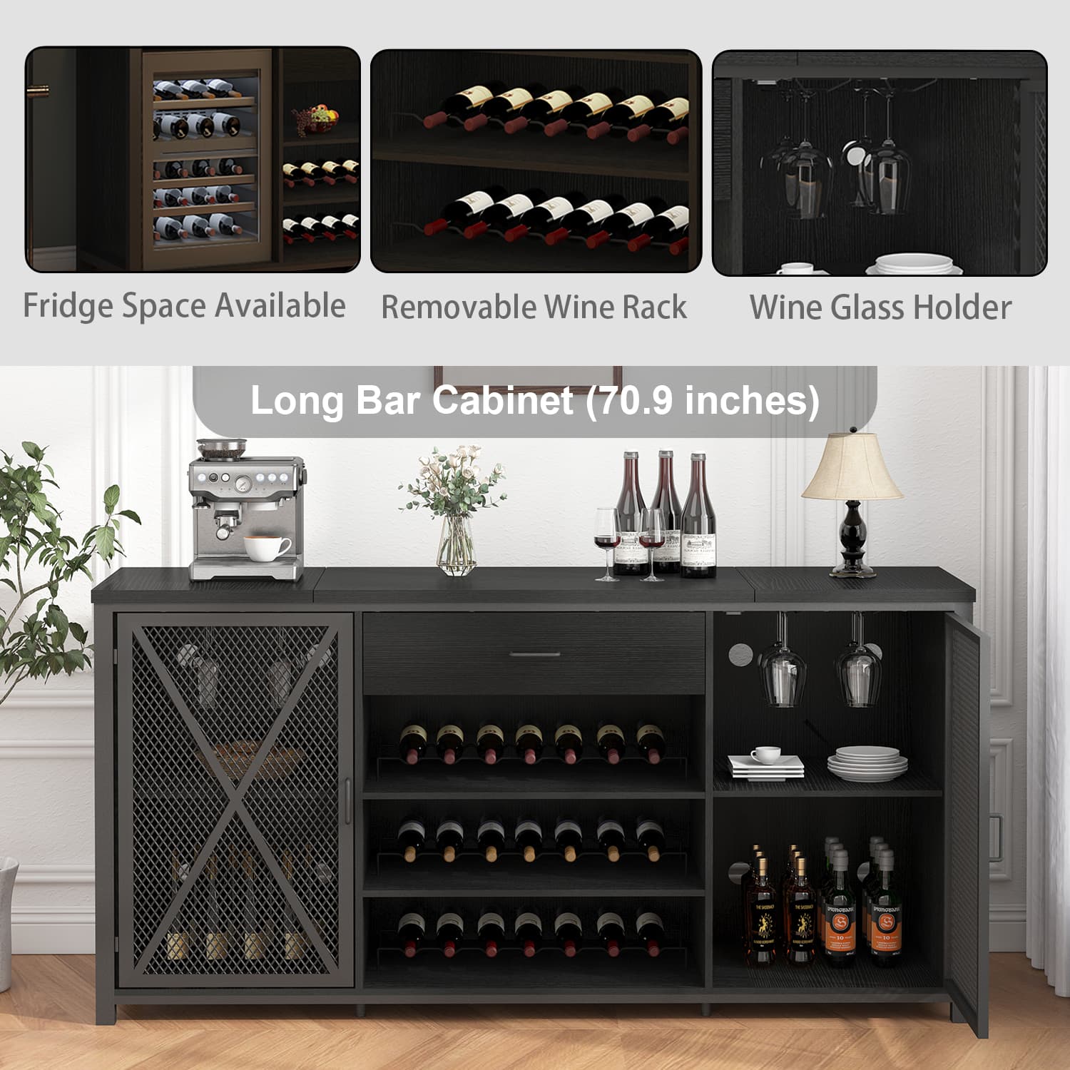 Paasyonmate 70.9" Industrial Wine Bar Cabinet with Mini Fridge Space, Wine Rack, Stemware Holders and Drawer, Fridge Not Included, Black 9