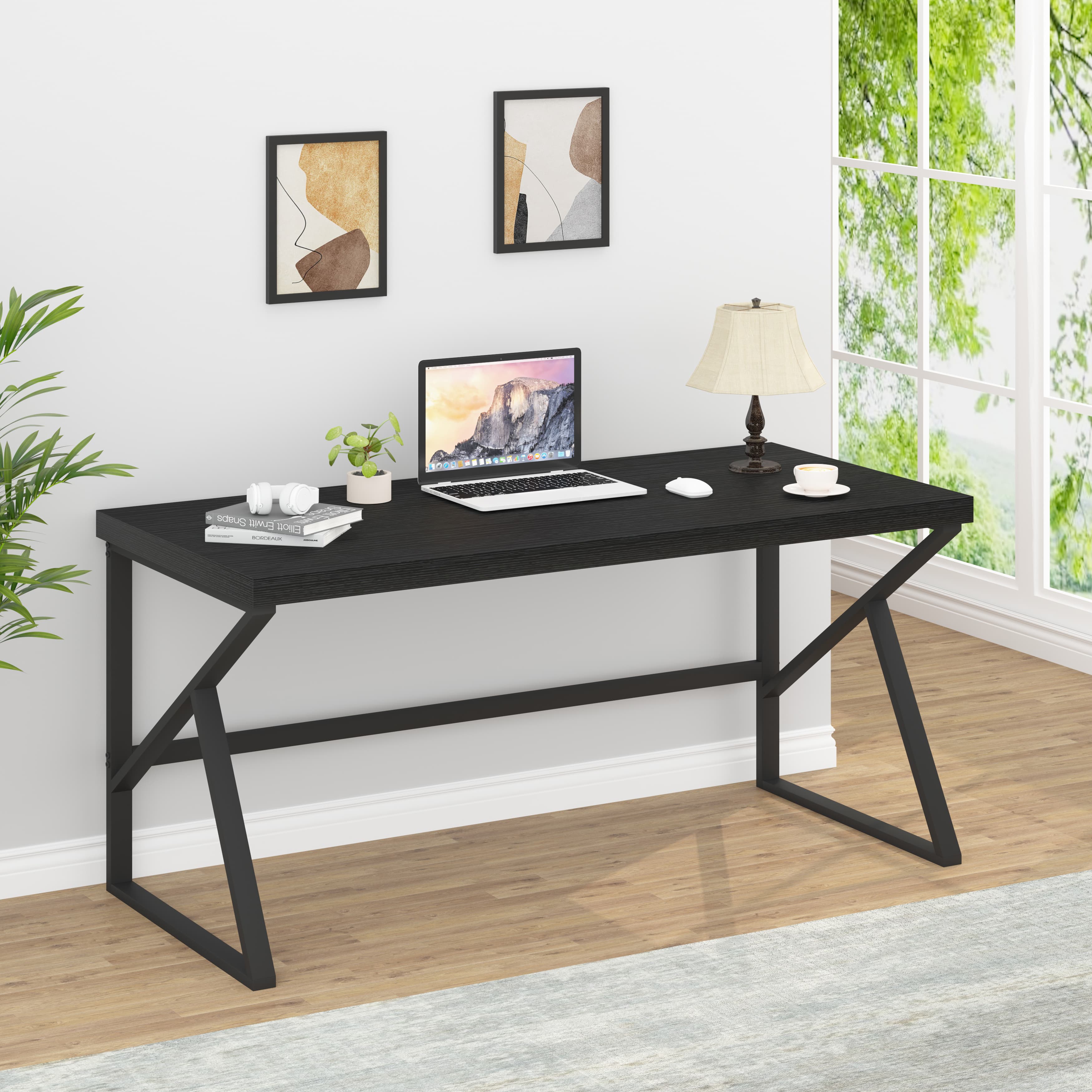 Paasyonmate Computer Desk Wood Metal, Black Modern Office Desk 55 Inch
