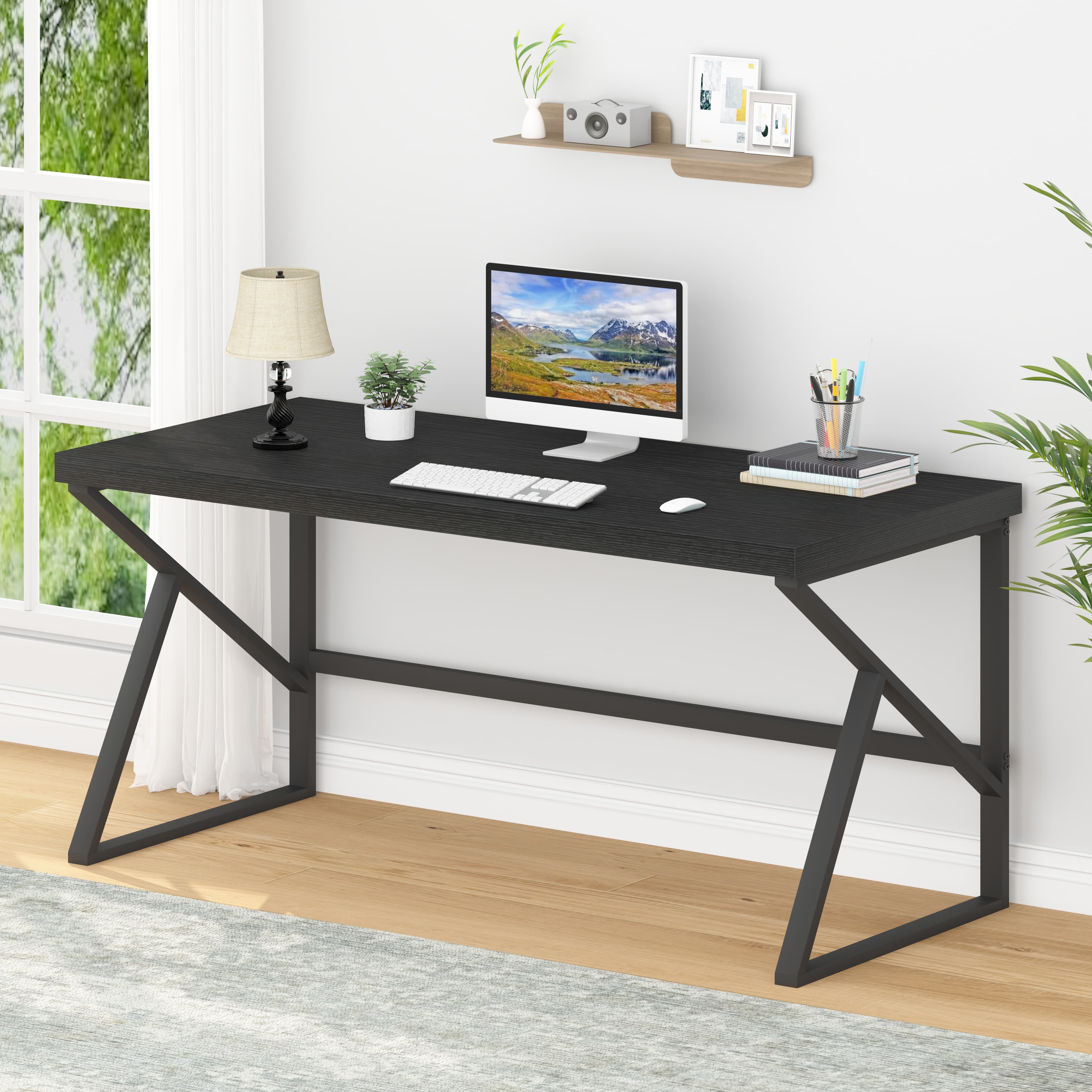 Paasyonmate Computer Desk Wood Metal, Black Modern Office Desk 55 Inch 2