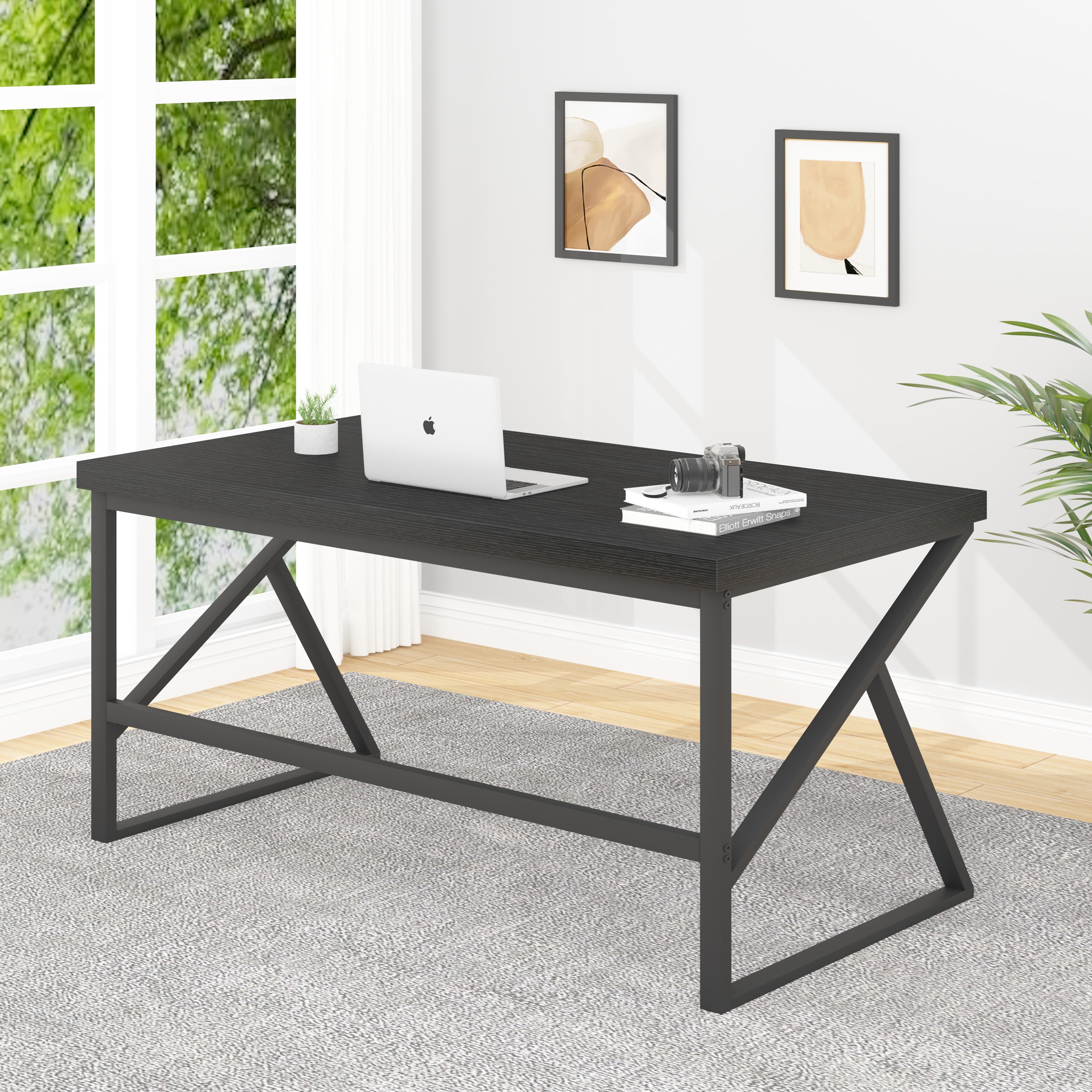 Paasyonmate Computer Desk Wood Metal, Black Modern Office Desk 55 Inch 4