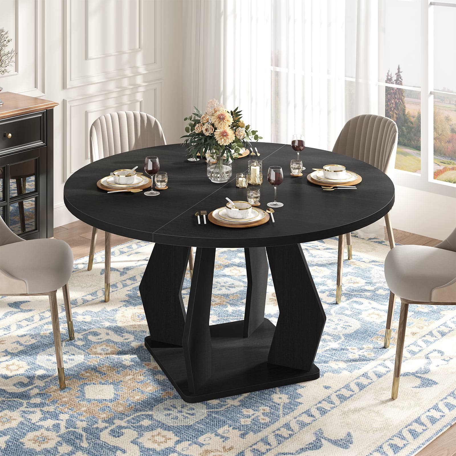 Paasyonmate 47" Round Dining Table, Sturdy Modern Kitchen Table, Black