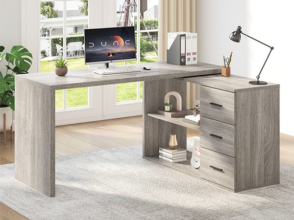 Paasyonmate 55-76 inch Expandable l Shaped Desk with 3 Drawers and 2 Open Shelves Gray