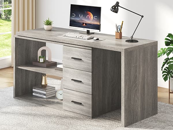 Paasyonmate 55-76 inch Expandable l Shaped Desk with 3 Drawers and 2 Open Shelves Gray 2