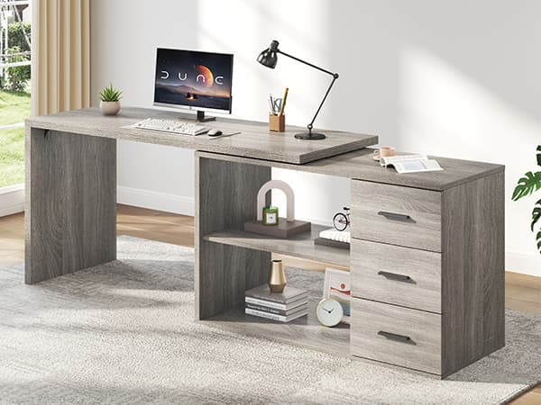 Paasyonmate 55-76 inch Expandable l Shaped Desk with 3 Drawers and 2 Open Shelves Gray 3