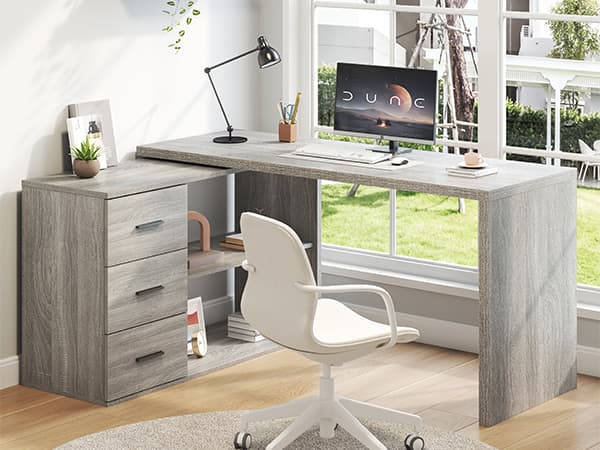Paasyonmate 55-76 inch Expandable l Shaped Desk with 3 Drawers and 2 Open Shelves Gray 4