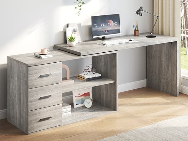 Paasyonmate 55-76 inch Expandable l Shaped Desk with 3 Drawers and 2 Open Shelves Gray 6