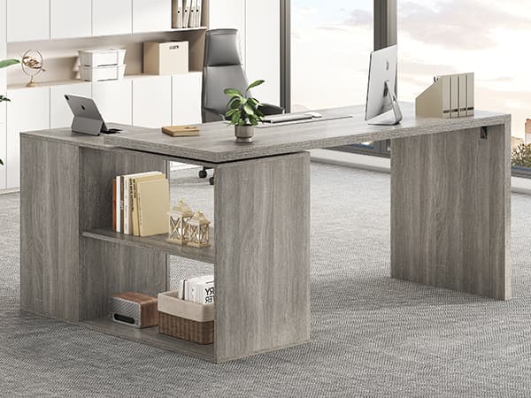 Paasyonmate 55-76 inch Expandable l Shaped Desk with 3 Drawers and 2 Open Shelves Gray 7