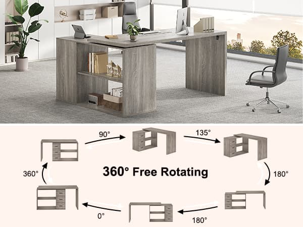 Paasyonmate 55-76 inch Expandable l Shaped Desk with 3 Drawers and 2 Open Shelves Gray 9