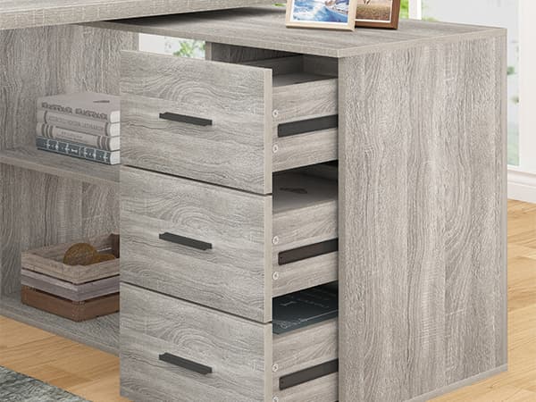 Paasyonmate 55-76 inch Expandable l Shaped Desk with 3 Drawers and 2 Open Shelves Gray 10