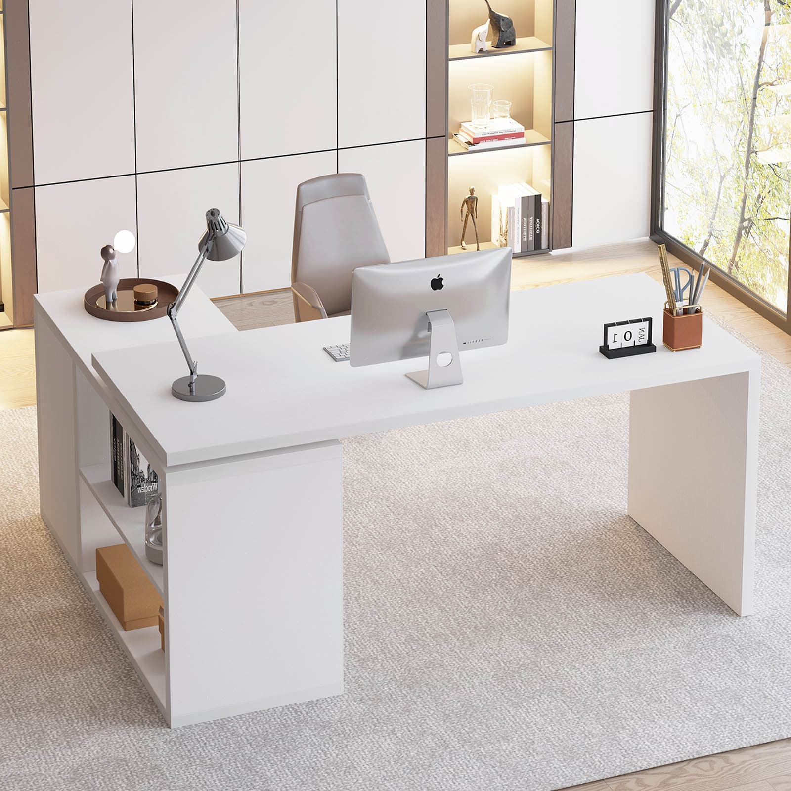 Paasyonmate 55" L-Shaped Computer Desk with 3 Drawers & 2 Shelves, Reversible Corner Desk for Home Office, White