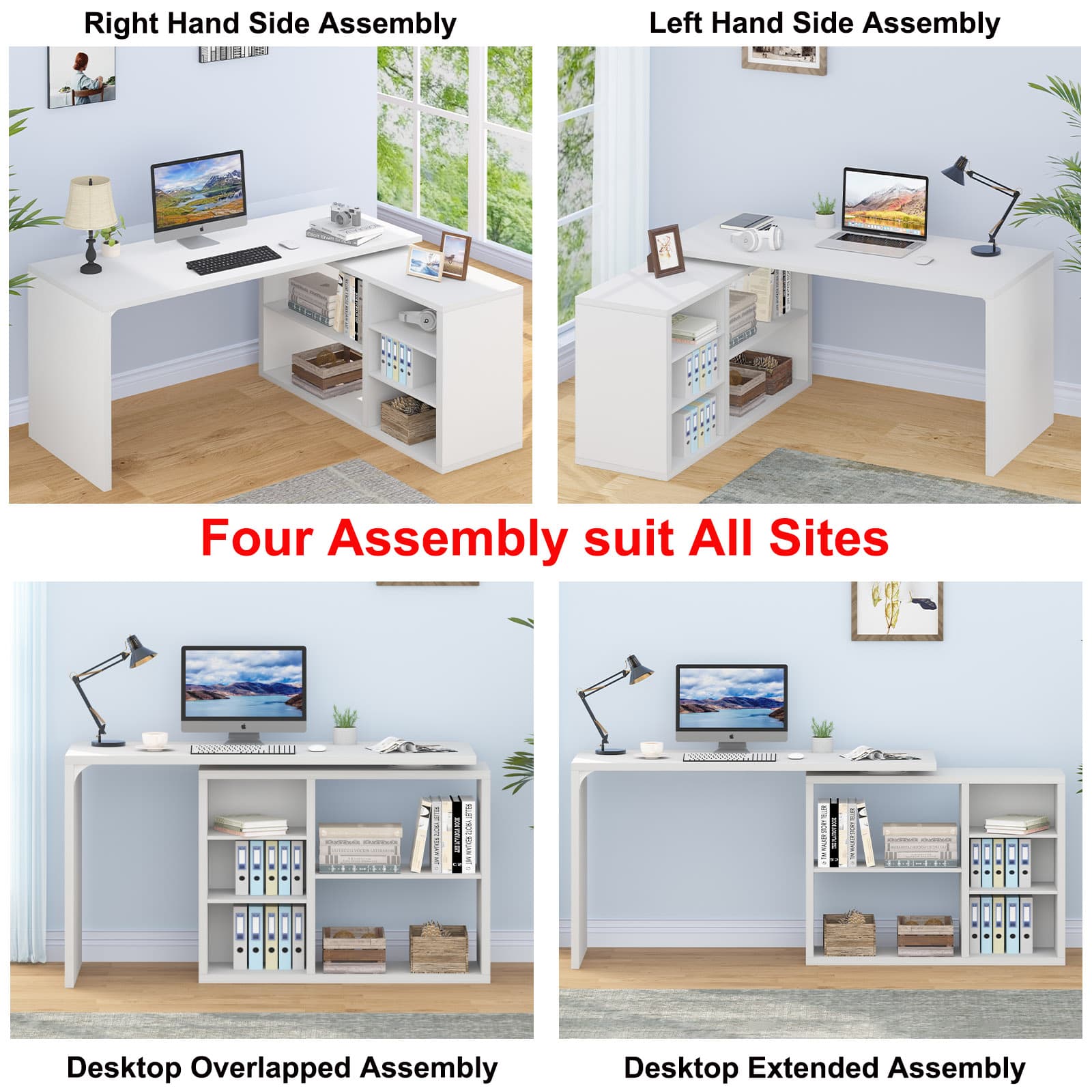 Paasyonmate 55" L-Shaped Computer Desk with 3 Drawers & 2 Shelves, Reversible Corner Desk for Home Office, White 3