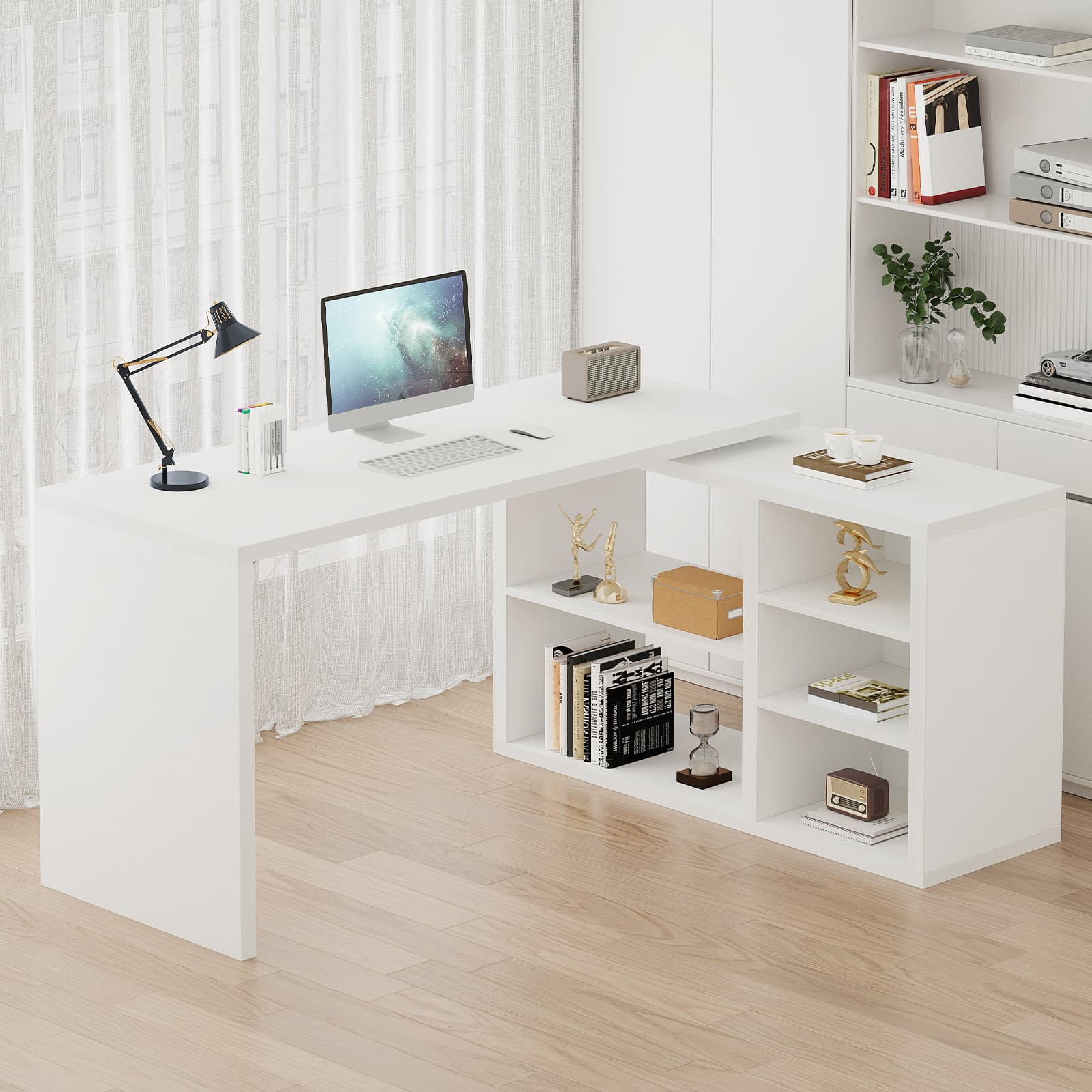 Paasyonmate 55" L-Shaped Computer Desk with 3 Drawers & 2 Shelves, Reversible Corner Desk for Home Office, White 6
