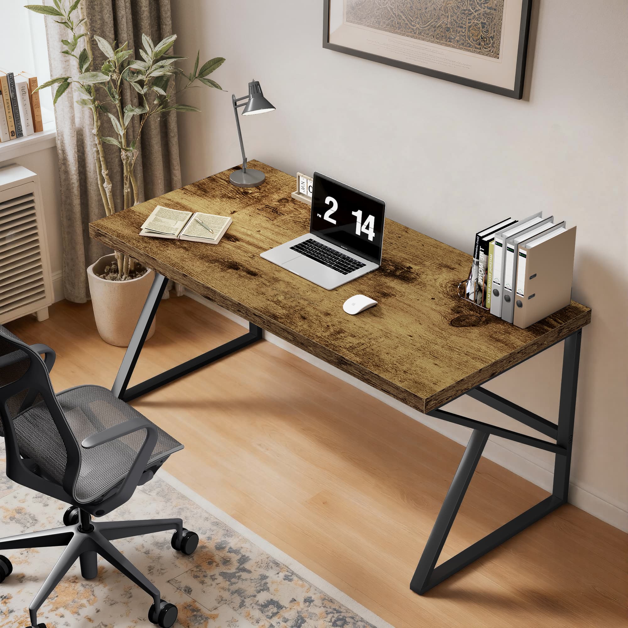 Paasyonmate 55" Computer Desk with Metal K-Frames for Home Office, Rustic Brown