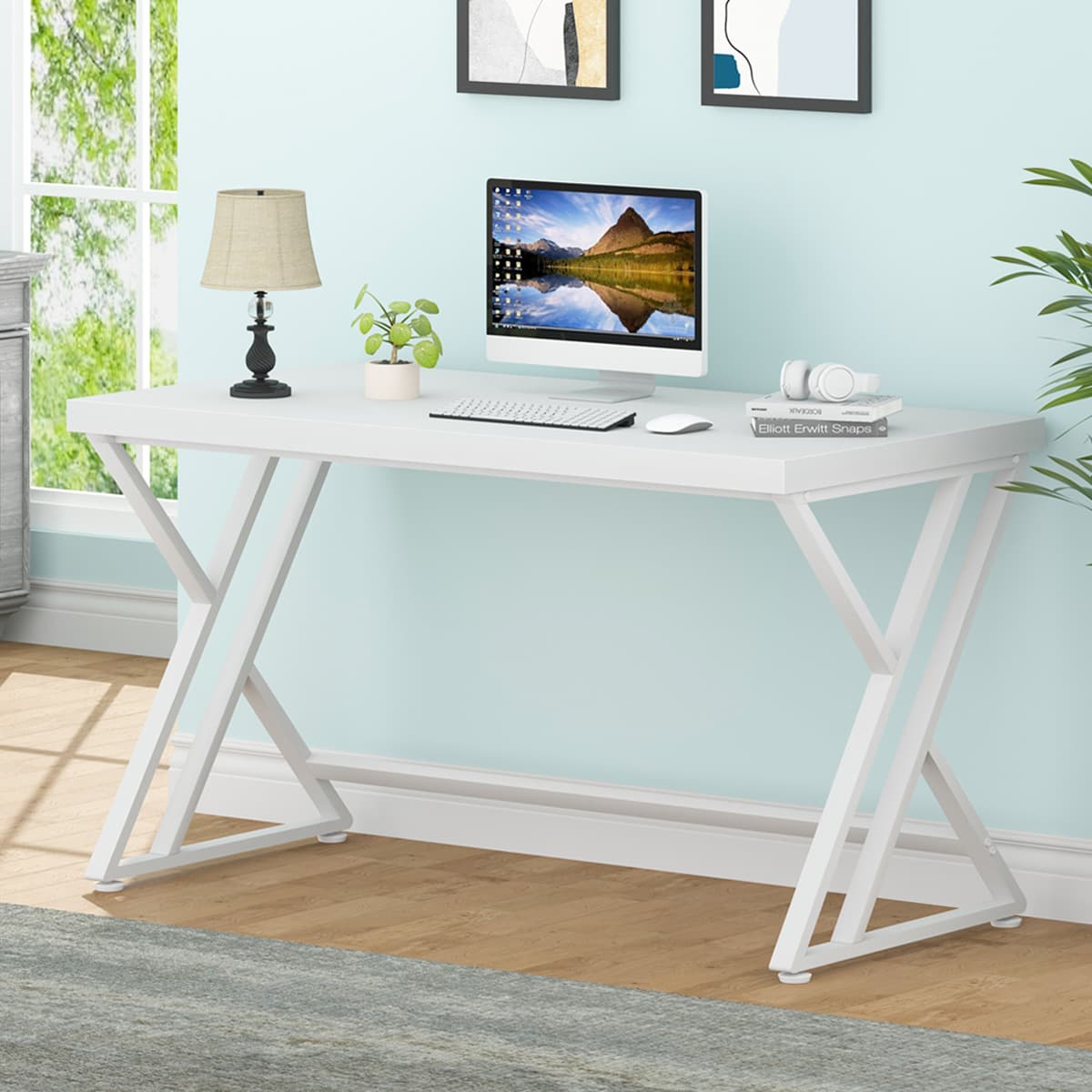 Paasyonmate 55" Computer Desk with Double Y-Frames for Home Office, White