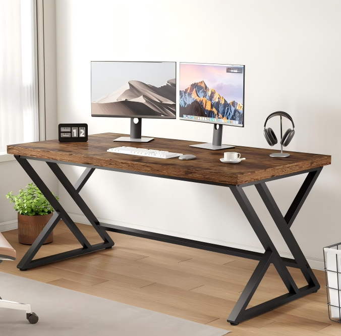 Paasyonmate Rustic Wood Computer Desk with Metal, 60" Large Office Desk